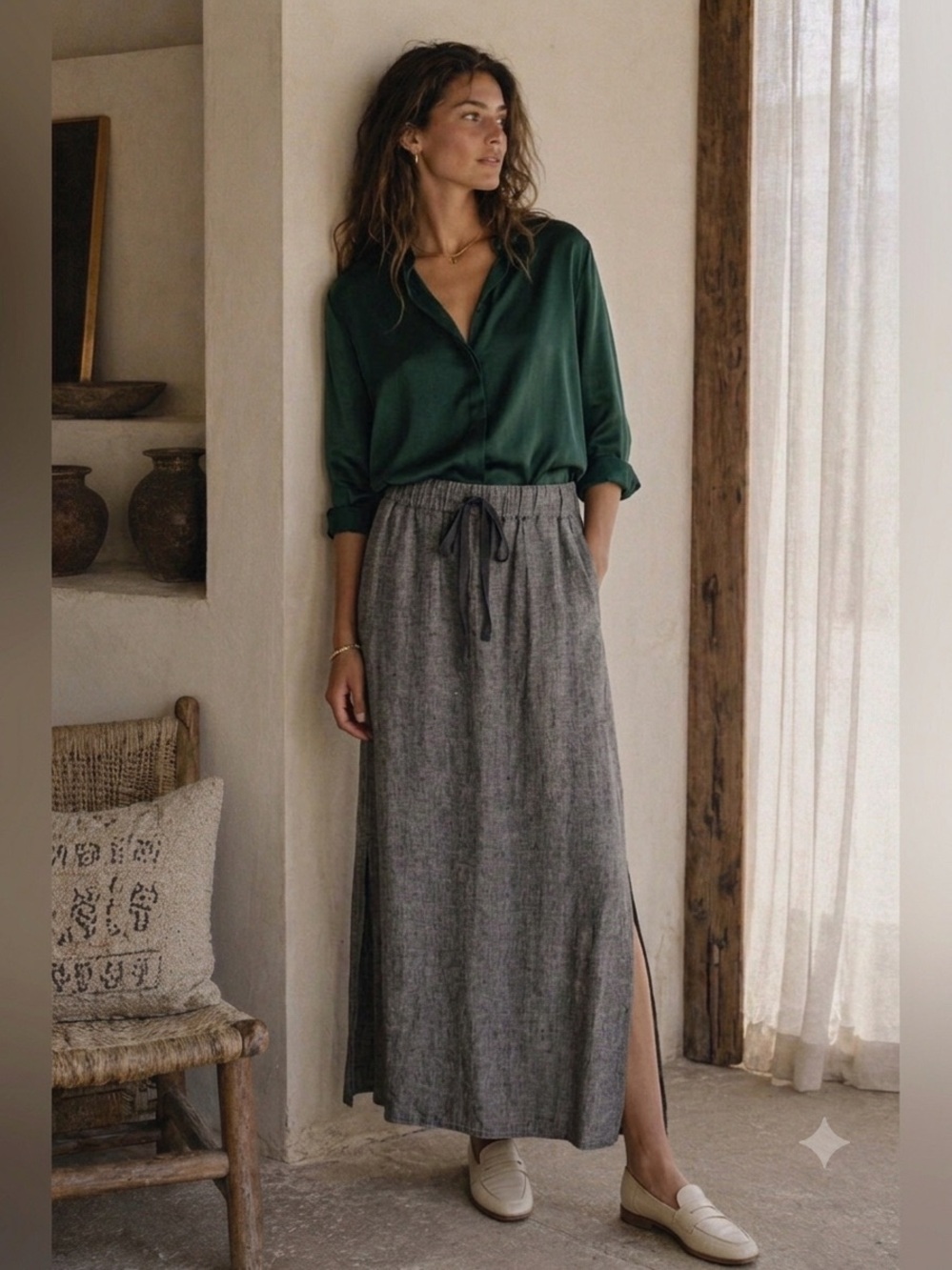 Max Studio linen maxi skirt side slits pockets drawstring waist - Picture 2 of 16